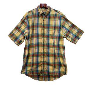 Lands' End Mens Plaid Short Sleeve Shirt Size L Tall Yellow Blue